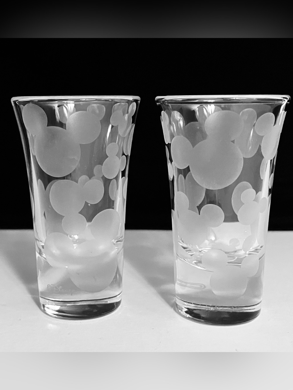 2 DISNEY SHOT GLASSES / Etched MICKEY MOUSE EARS / Disneyland Souvenir / RARE